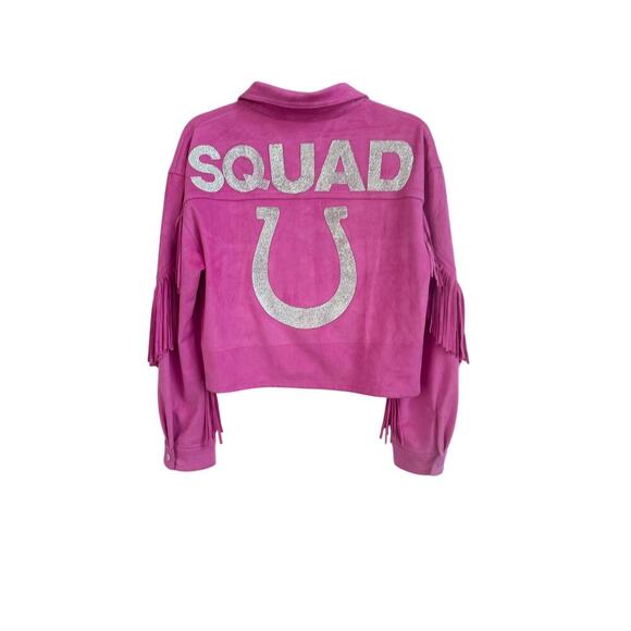 Judith March Pink Faux Suede Squad Rhinestone Fringe Western snaps Omega Shirt - Picture 4 of 11